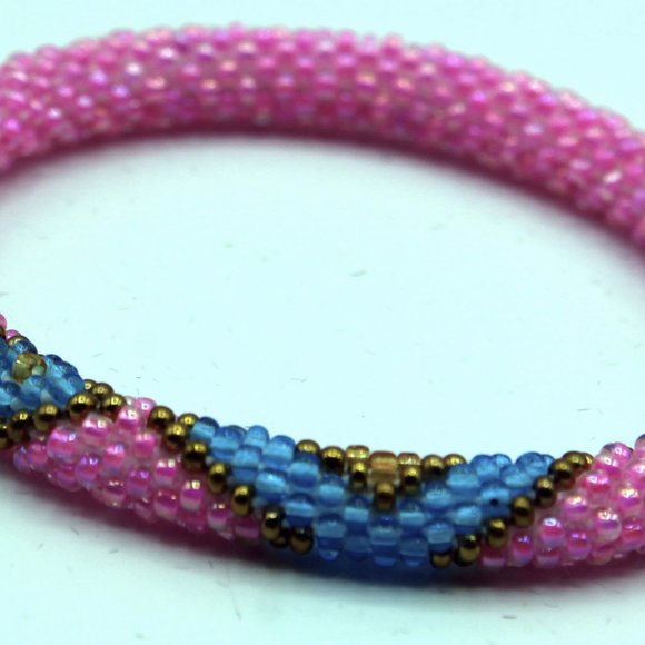 Set of 2 Pink, Blue Pattern Roll Over Handmade Glass Beaded Crochet Bracelet - Picture 4 of 8